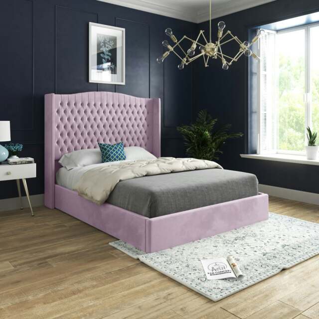 Rackhams Rana Curved Top Winged Upholstered Soft Velvet Bed Frame - Pink - Pink - Single - image 1