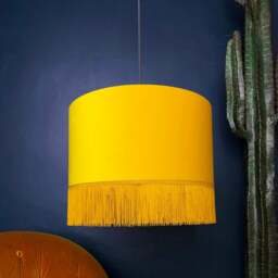 "Rackhams Sunset Yellow Velvet Lampshade with Gold Lining & Fringing - Ceiling Pendant / Arc Lamp - 70cm Diameter x 20cm Height / (27"" x 8"")" - thumbnail 2