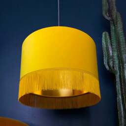 "Rackhams Sunset Yellow Velvet Lampshade with Gold Lining & Fringing - Ceiling Pendant / Arc Lamp - 70cm Diameter x 20cm Height / (27"" x 8"")" - thumbnail 1