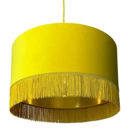 "Rackhams Sunset Yellow Velvet Lampshade with Gold Lining & Fringing - Ceiling Pendant / Arc Lamp - 70cm Diameter x 20cm Height / (27"" x 8"")" - thumbnail 4
