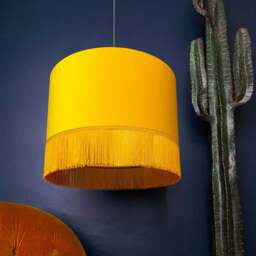 "Rackhams Sunset Yellow Velvet Lampshade with Gold Lining & Fringing - Ceiling Pendant / Arc Lamp - 70cm Diameter x 20cm Height / (27"" x 8"")" - thumbnail 3
