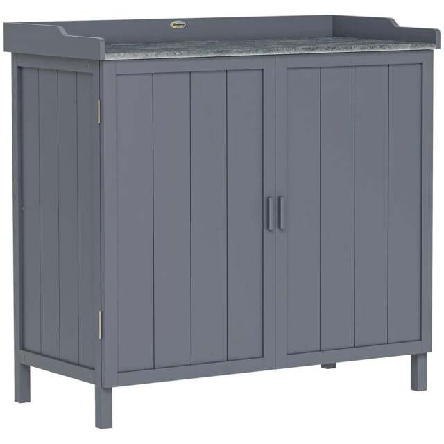 Rackhams Wood Garden Storage Cabinet, Outdoor Tool Shed, Potting Bench Table with Galvanized Top and Two Shelves for Yard Tools or Pool Accessories, Grey - image 1