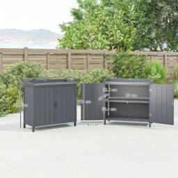 Rackhams Wood Garden Storage Cabinet, Outdoor Tool Shed, Potting Bench Table with Galvanized Top and Two Shelves for Yard Tools or Pool Accessories, Grey - thumbnail 3