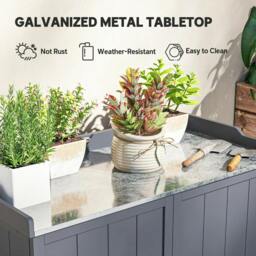 Rackhams Wood Garden Storage Cabinet, Outdoor Tool Shed, Potting Bench Table with Galvanized Top and Two Shelves for Yard Tools or Pool Accessories, Grey - thumbnail 5