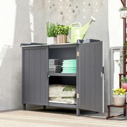 Rackhams Wood Garden Storage Cabinet, Outdoor Tool Shed, Potting Bench Table with Galvanized Top and Two Shelves for Yard Tools or Pool Accessories, Grey - thumbnail 2