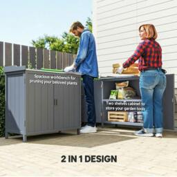 Rackhams Wood Garden Storage Cabinet, Outdoor Tool Shed, Potting Bench Table with Galvanized Top and Two Shelves for Yard Tools or Pool Accessories, Grey - thumbnail 4