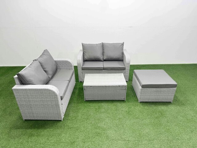 Rackhams 5 Seater Outdoor Love Sofa Set Rattan Garden Furniture Set with Rectangular Coffee Table Big Footstool Light Grey - image 1