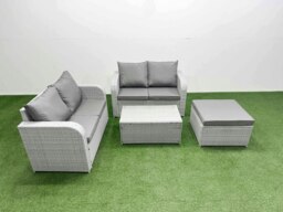 Rackhams 5 Seater Outdoor Love Sofa Set Rattan Garden Furniture Set with Rectangular Coffee Table Big Footstool Light Grey - thumbnail 1