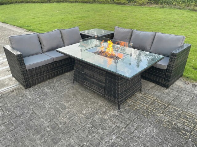 Rackhams Outdoor Rattan Garden Furniture Gas Fire Pit Dining Table Sets Gas Heater Side table Dark Mixed Grey 6 Seater - image 1