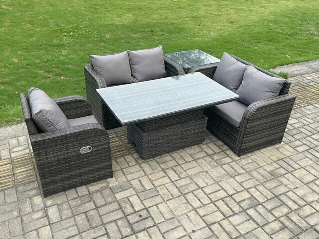 Rackhams Rattan Furniture Garden Dining Set Outdoor Height Adjustable Rising lifting Table Love Sofa Chair With Side Table - image 1