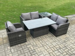 Rackhams Rattan Furniture Garden Dining Set Outdoor Height Adjustable Rising lifting Table Love Sofa Chair With Side Table - thumbnail 2