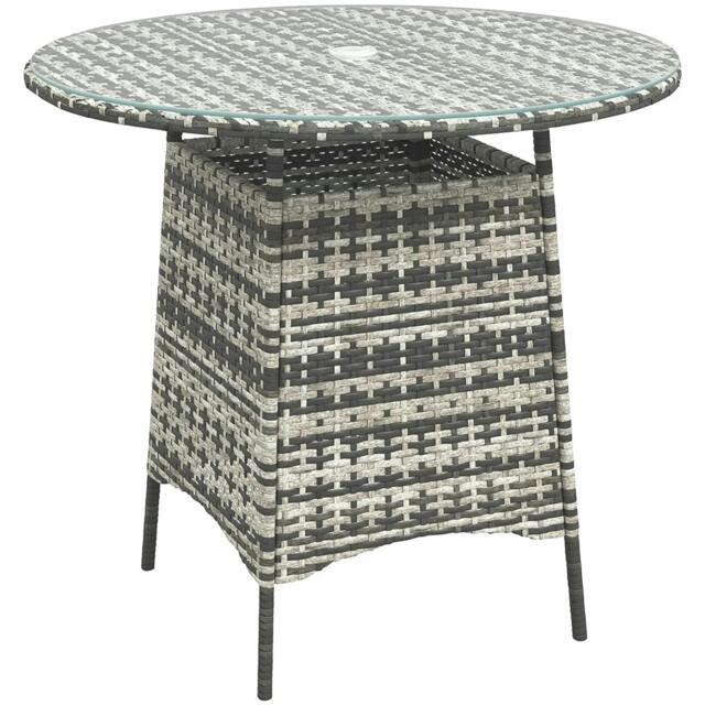 Rackhams Wicker Garden Rattan Table, Patio Furniture Outdoor Coffee Table with Umbrella Hole and Tempered Glass Top, Grey