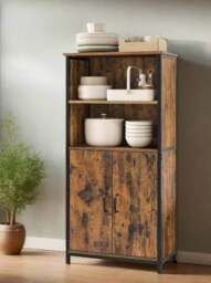 Rackhams Freestanding Storage Cabinet with Adjustable Shelf – Rustic Brown & Black Bookcase - thumbnail 2