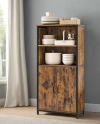 Rackhams Freestanding Storage Cabinet with Adjustable Shelf – Rustic Brown & Black Bookcase