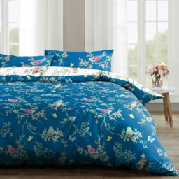Rackhams Birds Floral Printed Cotton Blend Duvet Cover and Pillowcase Set - Navy - Double - thumbnail 1
