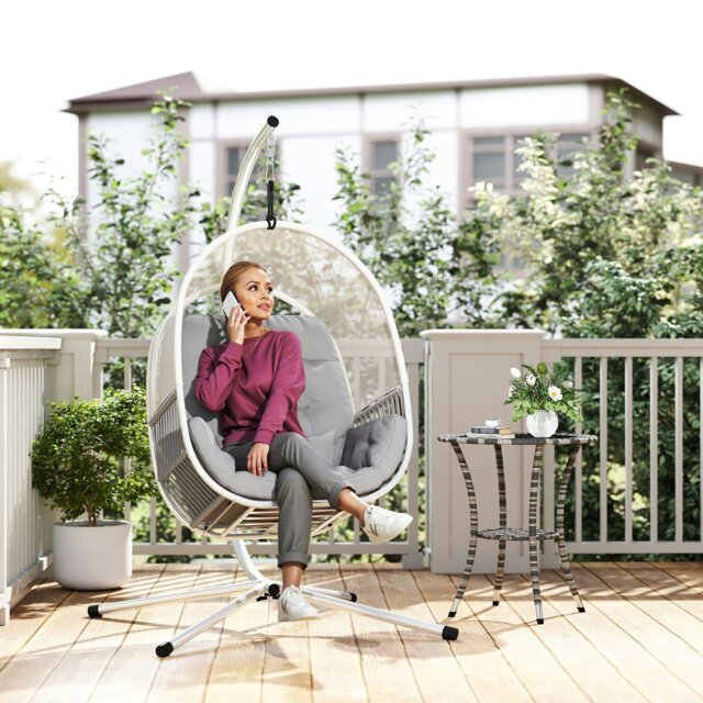 Rackhams Hanging Egg Chair with Stand, Cushions for Garden, Dark Grey - Light Grey - Steel, Mesh Cloth, Polyester - 112L x 109W x 193H cm