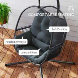 Rackhams Hanging Egg Chair with Stand, Cushions for Garden, Dark Grey - Light Grey - Steel, Mesh Cloth, Polyester - 112L x 109W x 193H cm - thumbnail 5
