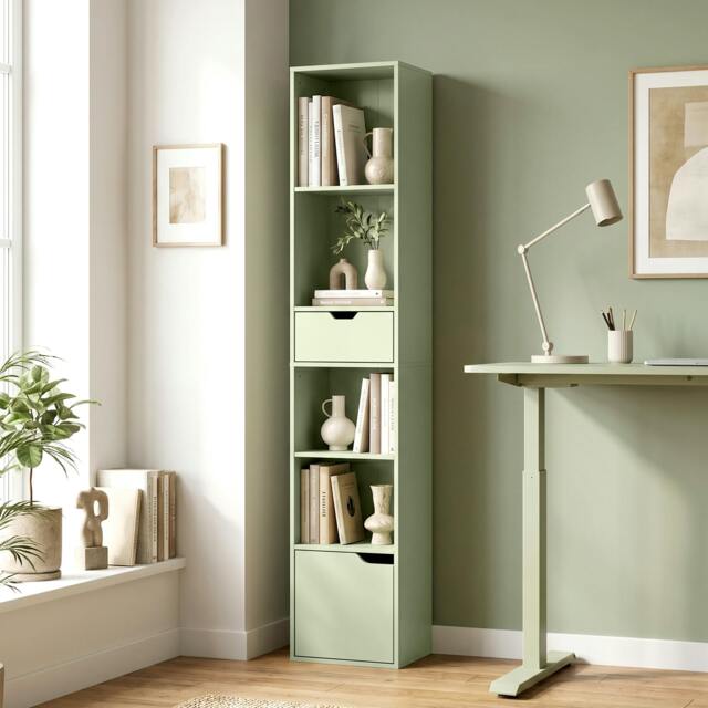 Rackhams Narrow Bookshelf with Drawer, Tall Bookcase for Living Room, Green - image 1