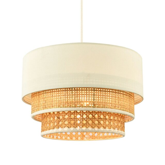 Rackhams Contemporary Triple Tier Cream Linen and Natural Rattan Pendant Shade - image 1