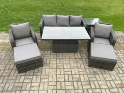 Rackhams Outdoor Rattan Furniture Garden Dining Sets Height Adjustable Rising lifting Table Sofa Set With Chairs Side Tables 2 Big Footstools - thumbnail 2