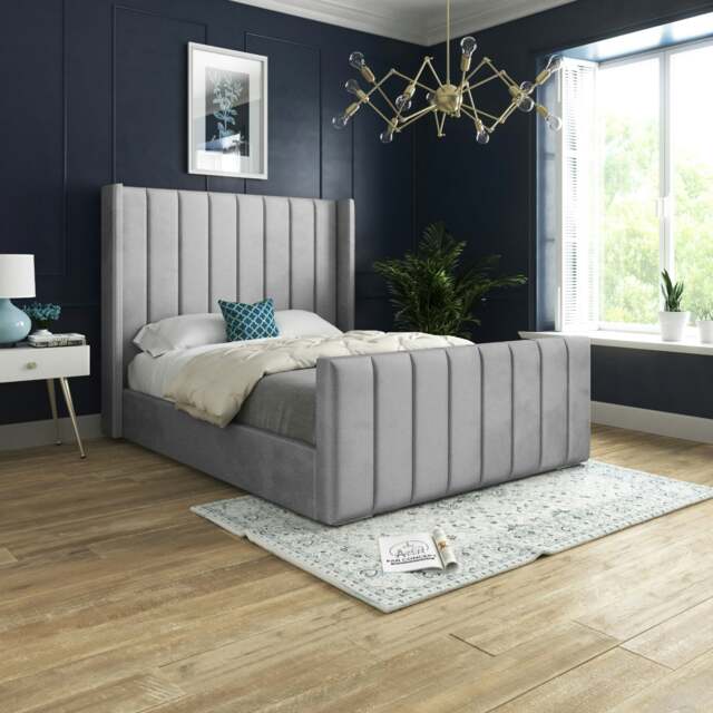 Rackhams Romano Straight Winged Upholstered Soft Velvet Bed Frame - Black - Grey - Small single - image 1
