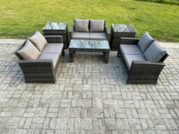 Rackhams 6 PCS Outdoor Lounge Sofa Set Wicker PE Rattan Garden Furniture Set with Coffee Table Double Seater Sofa 2 Side Tables Dark Grey Mixed - thumbnail 1