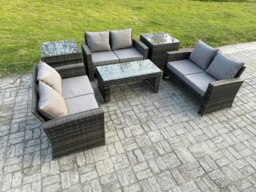 Rackhams 6 PCS Outdoor Lounge Sofa Set Wicker PE Rattan Garden Furniture Set with Coffee Table Double Seater Sofa 2 Side Tables Dark Grey Mixed - thumbnail 2