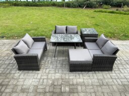 Rackhams 7 Seater Rattan Wicker Garden Furniture Patio Conservatory Sofa Set with Rectangular Dining Table Love Seat Sofa Big Footstool Side Table - thumbnail 1