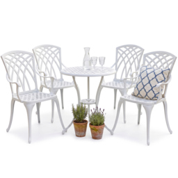 Rackhams OSHOWA Luxurious Garden and Patio Table and 4 Large Chairs with Armrests Cast Aluminium Bistro Set - White