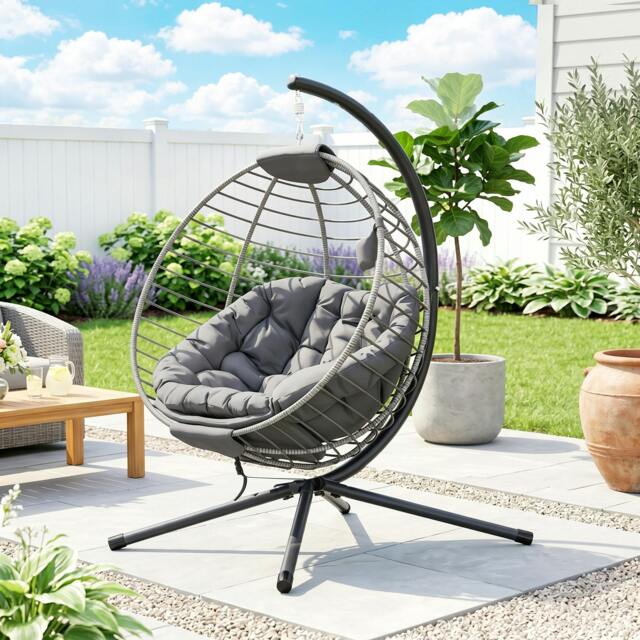 Rackhams PE Rattan Hanging Swing Chair w/ Stand & Cup Holder, Grey - image 1