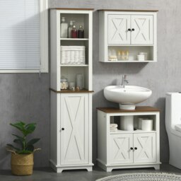 Rackhams Tall Bathroom Cabinet Storage Cupboard with Door, Adjustable Shelves - White