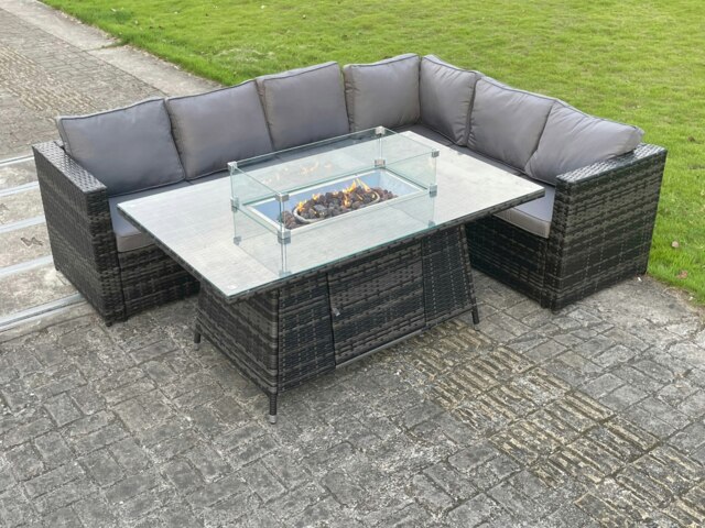Rackhams Outdoor Rattan Garden Corner Sofa Set Garden Furniture Gas Fire Pit Table Dining Sets Gas Heater Lounge Dark Grey 6 Seater - image 1