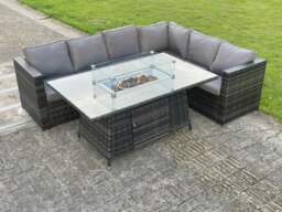 Rackhams Outdoor Rattan Garden Corner Sofa Set Garden Furniture Gas Fire Pit Table Dining Sets Gas Heater Lounge Dark Grey 6 Seater - thumbnail 1
