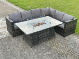 Rackhams Outdoor Rattan Garden Corner Sofa Set Garden Furniture Gas Fire Pit Table Dining Sets Gas Heater Lounge Dark Grey 6 Seater - thumbnail 2