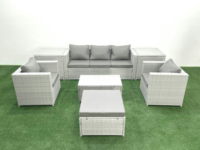 Rackhams Rattan Garden Furniture Set with 3 Seater Sofa 2 Chair Rectangular Coffee Table Big Footstool 2 Side Tables Light Grey Mixed 6 Seater - image 1