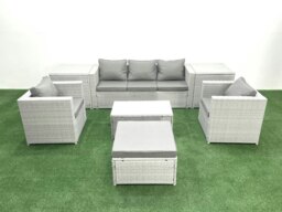 Rackhams Rattan Garden Furniture Set with 3 Seater Sofa 2 Chair Rectangular Coffee Table Big Footstool 2 Side Tables Light Grey Mixed 6 Seater - thumbnail 2
