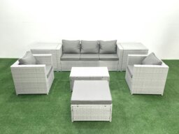 Rackhams Rattan Garden Furniture Set with 3 Seater Sofa 2 Chair Rectangular Coffee Table Big Footstool 2 Side Tables Light Grey Mixed 6 Seater - thumbnail 1