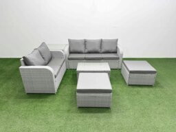 Rackhams 7-Seater PE Wicker Rattan Garden Sofa Set - Dark Grey Mixed Patio Conservatory Furniture with Rectangular Coffee Table & 2 Big Footstools - thumbnail 1