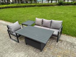 Rackhams Aluminium Garden Furniture Set 4 Piece Aluminium Lounge Seating Adjustable Rising Lifting Dining Table Set with Cushions Side Table Dark Grey - thumbnail 1