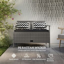 Rackhams 160L Rattan Garden Storage Bench, Cushioned Outdoor Bench, Grey - thumbnail 4