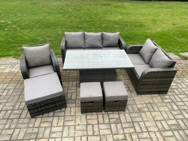 Rackhams Rattan Outdoor Furniture Garden Dining Set Patio Height Adjustable Rising lifting Table Reclining Chair Sofa With 3 Footstools Dark Grey Mixed - image 1
