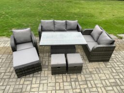 Rackhams Rattan Outdoor Furniture Garden Dining Set Patio Height Adjustable Rising lifting Table Reclining Chair Sofa With 3 Footstools Dark Grey Mixed - thumbnail 2