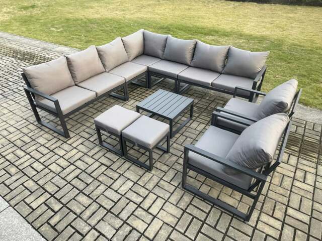 Rackhams Aluminium Outdoor Garden Furniture Set Lounge Corner Sofa 2 Pcs Chair Square Coffee Table Sets with 2 Small Footstools Dark Grey