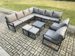 Rackhams Aluminium Outdoor Garden Furniture Set Lounge Corner Sofa 2 Pcs Chair Square Coffee Table Sets with 2 Small Footstools Dark Grey - thumbnail 1