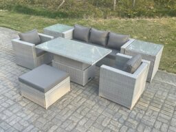 Rackhams Rattan Garden Funiture Set Adjustable Rising Lifting Table Sofa Dining Set With 2 Arm Chair 2 Side Table Footstool - thumbnail 3