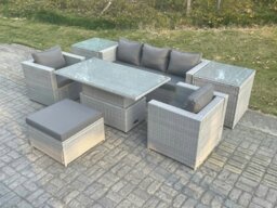 Rackhams Rattan Garden Funiture Set Adjustable Rising Lifting Table Sofa Dining Set With 2 Arm Chair 2 Side Table Footstool - thumbnail 1