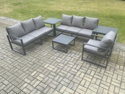 Rackhams Aluminium 7 Seater Outdoor Garden Furniture Lounge Sofa Set with Square Coffee Table Chair 2 Side Table Dark Grey - thumbnail 2