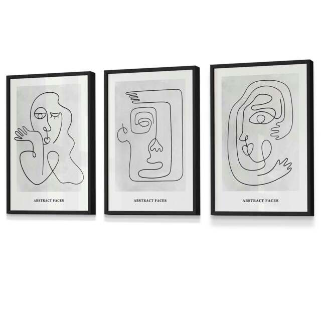 Rackhams Picasso Style Grey Abstract Faces Framed Wall Art Prints - 42x59cm (A2) - Black - image 1