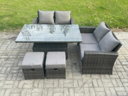 Rackhams 5 Pieces Garden Furniture Sets Poly Rattan Outdoor Patio Height Adjustable Rising Lifting Table Sofa Dining Set with 2 Small Footstools - thumbnail 2