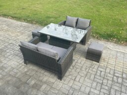 Rackhams 5 Pieces Garden Furniture Sets Poly Rattan Outdoor Patio Height Adjustable Rising Lifting Table Sofa Dining Set with 2 Small Footstools - thumbnail 1